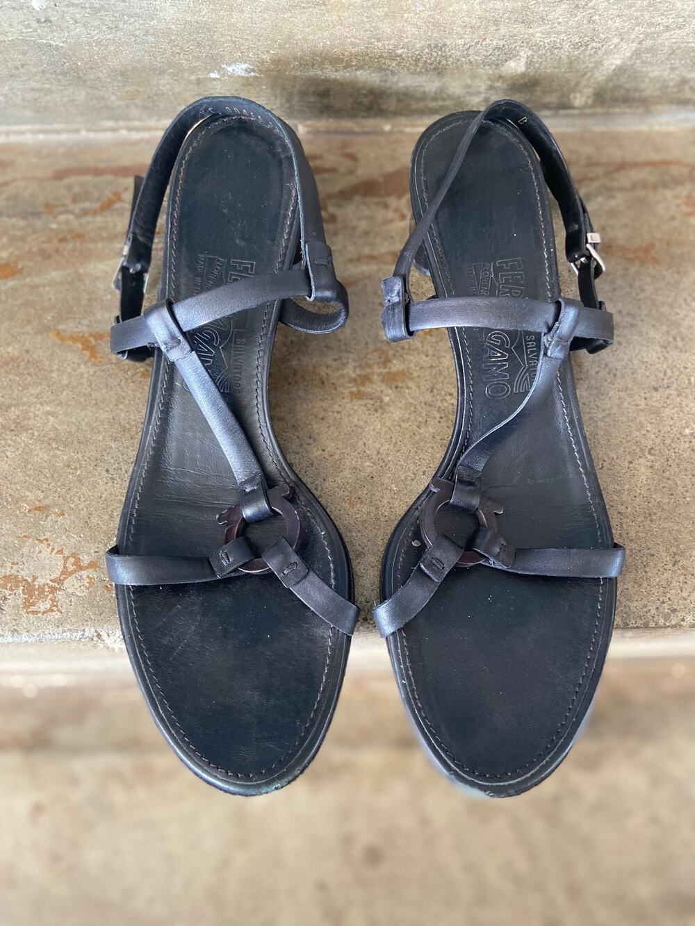 Vintage Salvatore Ferragamo Black Leather T-Strap Gancini Sandals circa 2003